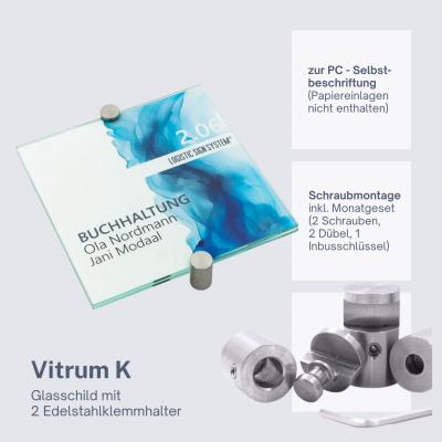 Türschild VITRUM K , Glasschild, Büroschild, Doppelglasschild